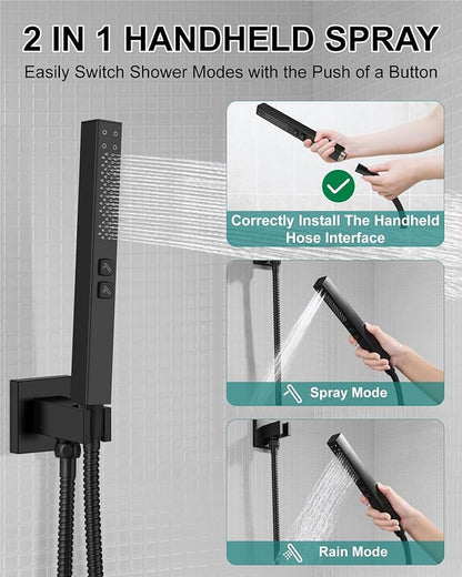 Shower Faucet Set Rainfall Shower System with Square Showerhead and Handle Set Fixture with 2 in 1 Function Handheld Sprayer Wall Mounted Trim Repair Kit Rough-in Valve 8 Inch Matte Black