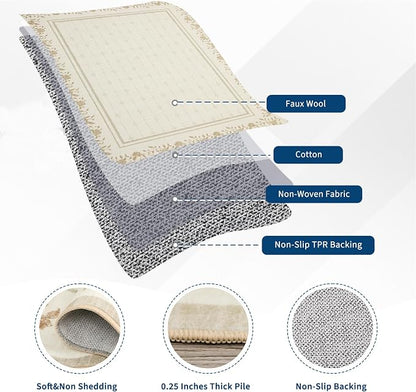 Garvee Washable Rugs for Living Room 8x10 Area Rugs Scalloped Rug Ivory | Modern Bordered Non Slip Large Kids Bedroom Carpet Indoor Stain Resistant Floor Cover for Bedroom Dining Room Office Nursery