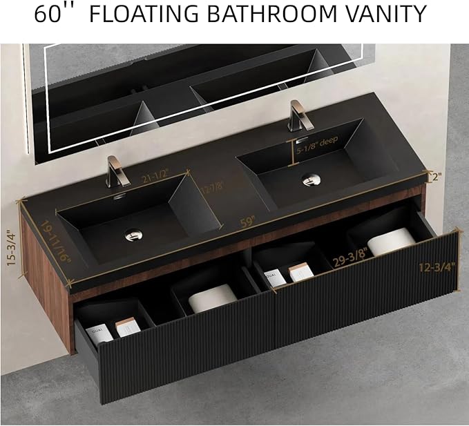 60'' Floating Bathroom Vanity with Sink, Wall-Mounted Bathroom Storage Cabinet with 2 Soft-Close Striped Drawers & Double Quartz Sand Basins, Smoked Walnut Body with Internal Handle, Black