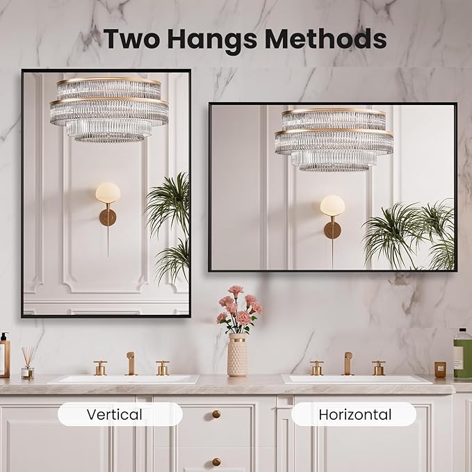 LOAAO Black Bathroom Mirror 24"X36" for Wall, Rectangle Bathroom Vanity Mirror, Hangs Vertically or Horizontally, Easy to Install, Modern Design