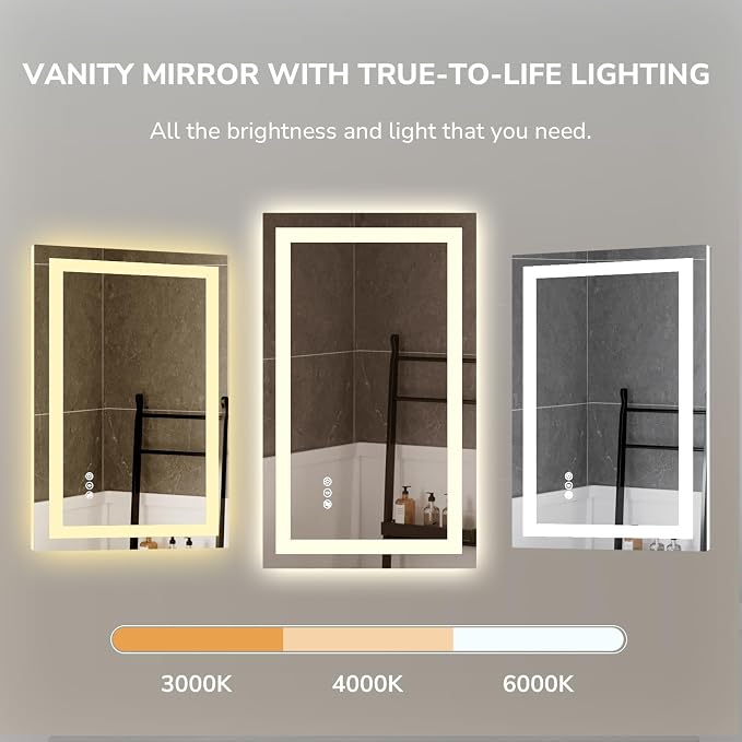 48x36 Inch LED Bathroom Mirror for Over Sink | Tempered Glass - Frameless Backlit Lighted Mirror for Bathroom Vanity with Anti-Fog, 3 Colors Dimmable, Memory Function