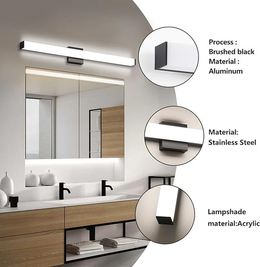 LED Bathroom Vanity Light Fixtures 31.5in Matte Black,Dimmable 24W 4000K Natural White Square Wall Fixture, Modern Lighting for Over Mirror, Damp Rated