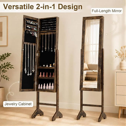 Giantex Jewelry Armoire with Full Length Mirror, Freestanding Jewelry Organizer Cabinet with Ring Slots, Earring Holders, Necklace Hooks & Storage Shelves for Bedroom (Rustic Brown)