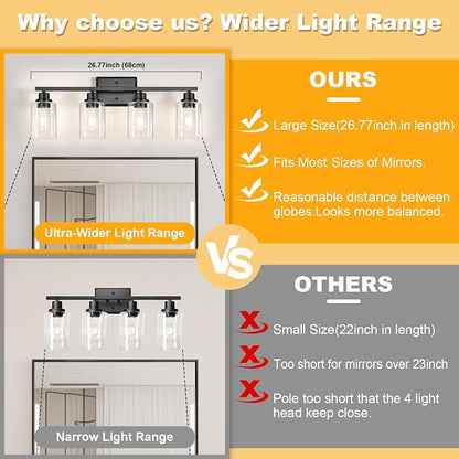Unicozin Modern Black Bathroom Light Fixtures, 4-Light Vanity Lights Over Mirror with E26 LED Bulbs Included, Wall Sconce with Clear Glass Shades for Living Room Bedroom Hallway Kitchen