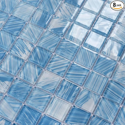 8PC Glass Mosaic Pool Tile, Blue Waterproof Floor & Wall Tiles for Bathroom | Heat & frost resistant for Kitchen Backsplash & outdoors. Mesh-mounted easy install. Easy clean. 8 Sq.ft Blue Crystal