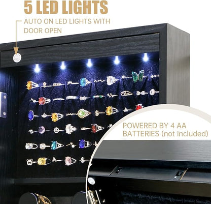 Full Length Mirror Jewelry Cabinet Organizer Lockable Door Wall-Mounted Jewelry Armoire with Shelves and Behind the Door Storage Black