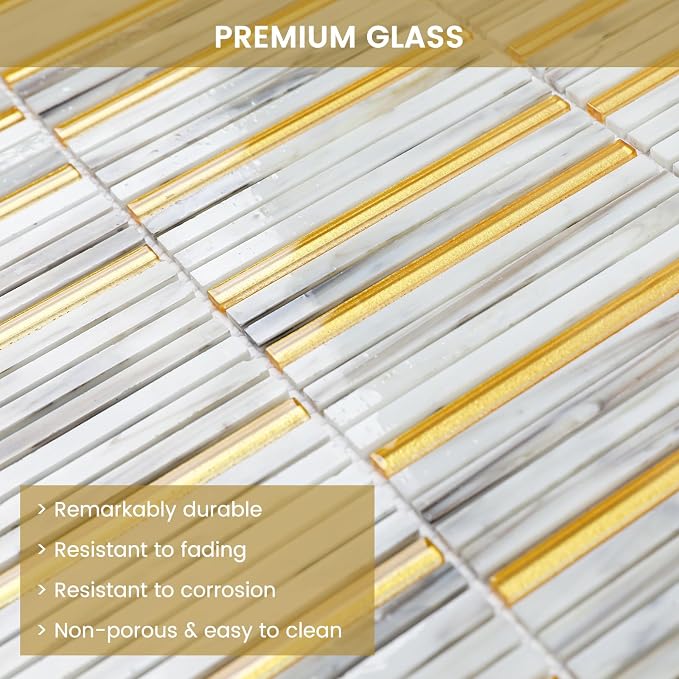 Glass Backsplash Mosaic Tile Gold White 5 sq.ft | Dazzling 12 x 12 Inch for Kitchen Backsplash Bathroom and Shower 5-Pack