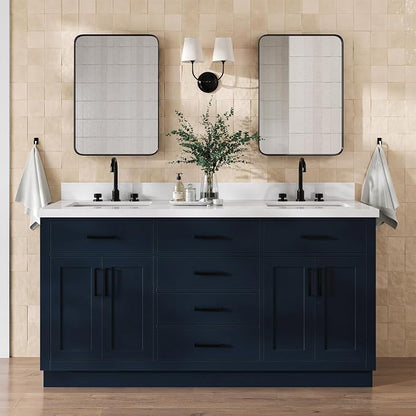 Isabella 66" Midnight Blue Double Bathroom Vanity, 1.5" Edge Pure White Quartz Countertop, Rectangular Undermount Sinks, 4 Soft Closing Doors, 6 Full Extension Dovetail Drawers
