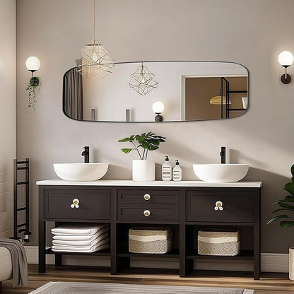 18x48 Full Length Wall Mirror, Matte Black Oblong Shaped Body Mirror with Stainless Steel Metal Frame, Rounded Corner Design for Floor and Leaning