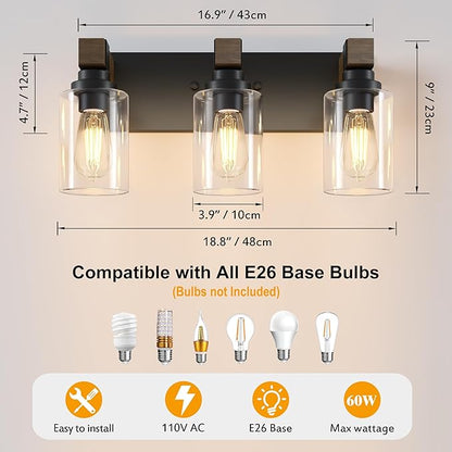 Farmhouse Bathroom Vanity Light Fixtures, Rustic 3-Light Wood Vanity Lights for Bathroom, Vintage Black Wall Sconces Lighting, Light fixtures Over Mirror, with Glass Shade