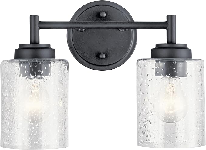 Kichler Winslow 2-Light Farmhouse Vanity Light, Black | Clear seeded glass vanity light with industrial styling (12.75" x 9.25" x 6.5"), 45885BK
