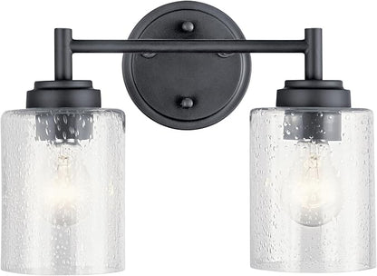Kichler Winslow 2-Light Farmhouse Vanity Light, Black | Clear seeded glass vanity light with industrial styling (12.75" x 9.25" x 6.5"), 45885BK
