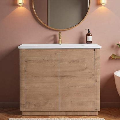 40" Bathroom Vanity with Ceramic Sink, Freestanding Bathroom Vanity with 2-Soft-Close Door, Soft-Closing Hinges & Hidden Handles for Home, Farmhouse, Easy to Clean Design, Imitative Oak