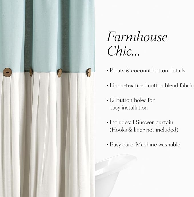 Lush Decor Linen Button Shower Curtain Single 72" W x 78" L Blue & White - Extra Long Shower Curtains - Blue Shower Curtain Fabric - Farmhouse Bathroom Decor
