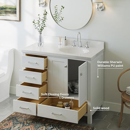 ARIEL Cambridge 42-inch Bathroom Vanity with Sink,Solid Wood, 1.5-inch Pure White Quartz Countertop & Backsplash, Single Oval Porcelain Sink, 2 Soft Closing Doors, 5 Dovetail Drawers, White