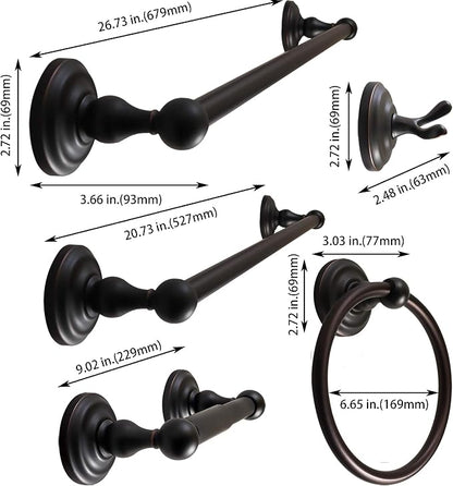 SENTO ROBIKI Bathroom Accessories Set, Bath Hardware, Includes Robe Hook, Toilet Paper Holder, Towel Ring, 18” & 24” Towel Bar, Duty Metal Bath Hardware Set Wall Mounted (5-Piece, Oil-Rubbed Bronze)