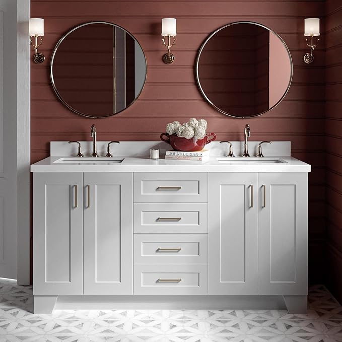 ARIEL Taylor 66-inch Bathroom Vanity with Sink,Solid Wood, 1.5-inch Pure White Quartz Countertop & Backsplash, Double Oval Porcelain Sink, 4 Soft Closing Doors, 5 Dovetail Drawers, Satin Brass, Grey