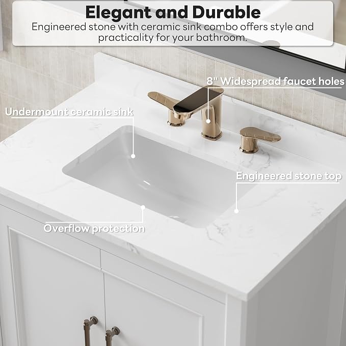 LIKIMIO 30" Bathroom Vanity with Sink, Engineered Stone Top, 2 Doors, White | Freestanding Bathroom Vanity, Engineered Stone Countertop with Undermount Ceramic Sink, Modern Bathroom Storage Cabinet
