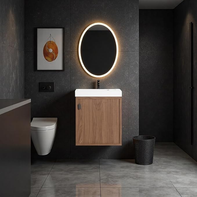 18.5" Bathroom Vanity with Resin Sink, Modern Wall-Mounted Floating Bathroom Vanity with Soft Closed Single Door for Home, Undermount Storage Cabinet, Easy to Clean, Natural Walnut