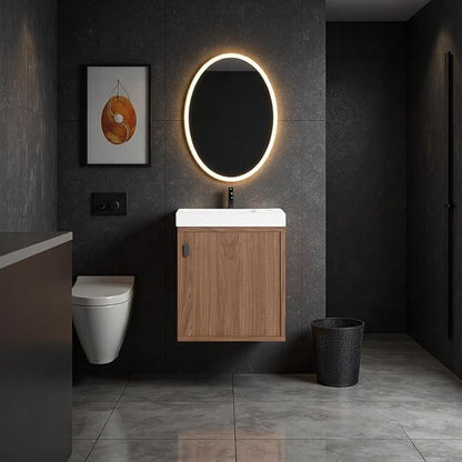 18.5" Bathroom Vanity with Resin Sink, Modern Wall-Mounted Floating Bathroom Vanity with Soft Closed Single Door for Home, Undermount Storage Cabinet, Easy to Clean, Natural Walnut