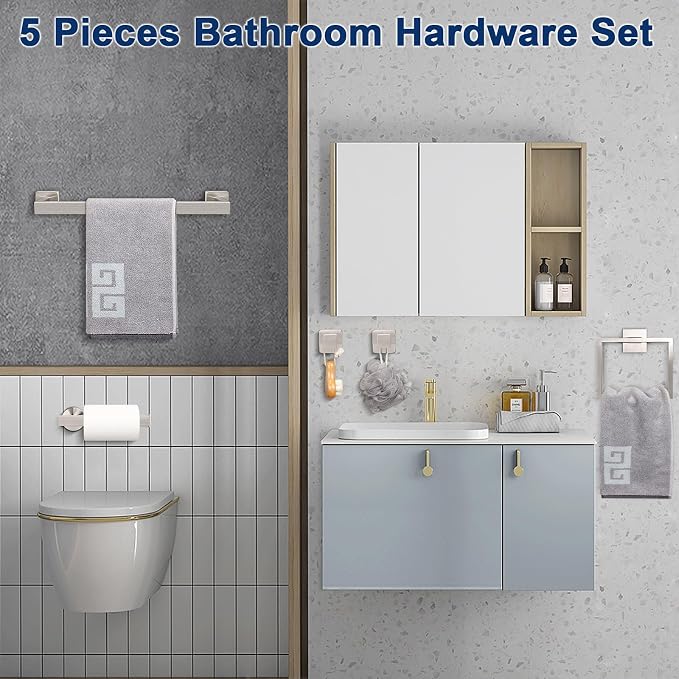 NearMoon 5 Pieces Bathroom Hardware Set 304 Stainless Steel - Square Towel Rack Set Include 16" Towel Rod + Towel Ring + Toilet Paper Holder + 2 Robe Towel Hooks Bathroom Accessories (Brushed Nickel)