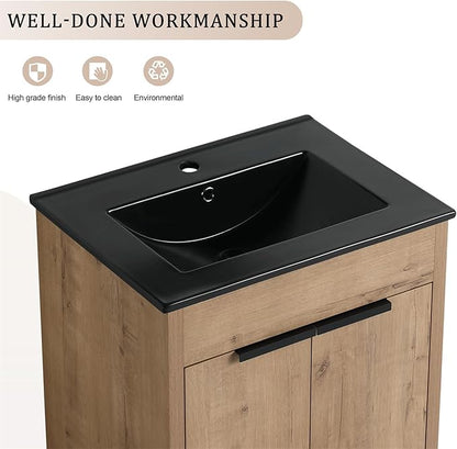 SSLine 24-Inch Bathroom Vanity with Sink Mid-Century Bathroom Vanities with Black Top Basin Floor Wood Bathroom Sink Cabinet with Soft-Close Doors & Adjustable Storage Shelves (Natural Brown)
