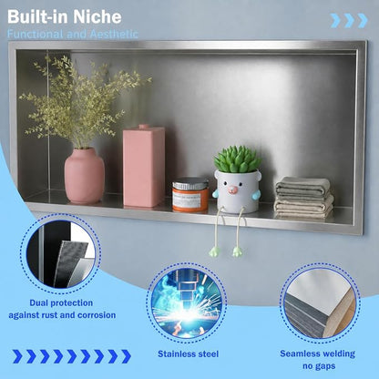 No Tile Needed Shower Niche for Shower Room Storage,Recessed Wall Niche Insert,Stainless Steel 304 (Brush, 12 * 24 in)