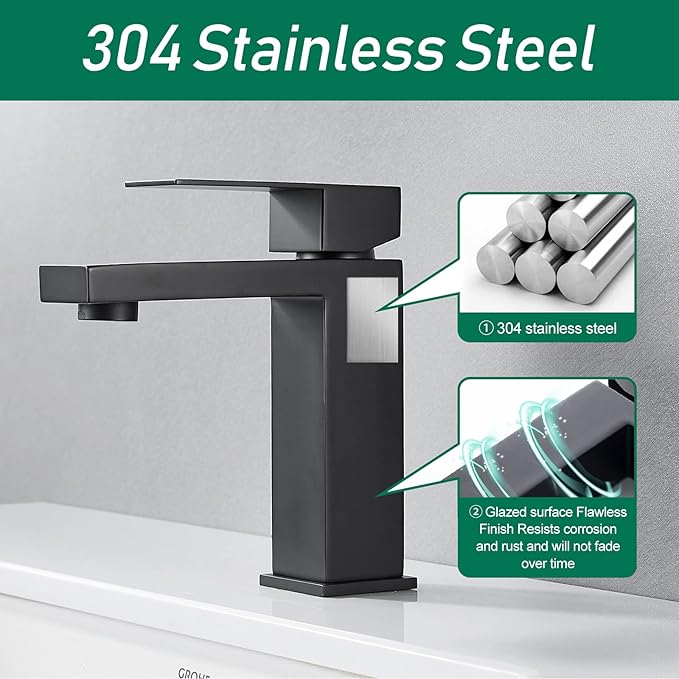 VOTON Bathroom Faucet Matte Black Bathroom Faucet 1 Hole, Stainless Steel Vanity Faucet for Bathroom Sink with Deck Plate Water Supply Hoses