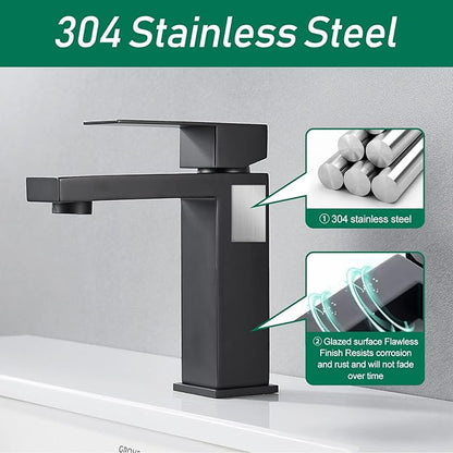VOTON Bathroom Faucet Matte Black Bathroom Faucet 1 Hole, Stainless Steel Vanity Faucet for Bathroom Sink with Deck Plate Water Supply Hoses