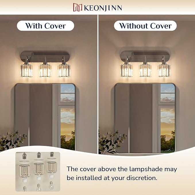 Keonjinn 3-Light Chrome Bathroom Light Fixtures Over Mirror, Crystal | Vanity Lighting Fixture with Crystal Square Shades, Dimmable, Vintage Style, Compatible with E26 Base LED Bulbs(Exclude Bulb)