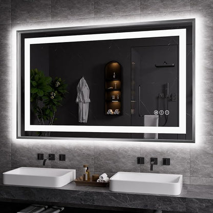 LED Bathroom Mirror 48"X30", Front Light and Backlit(Brushed Silver) | Metal Framed Mirror, Stepless Dimmable, Anti-Fog, HD Reflection, Shatter-Proof, Memory, 3 Colors, Double LED Vanity Mirror.