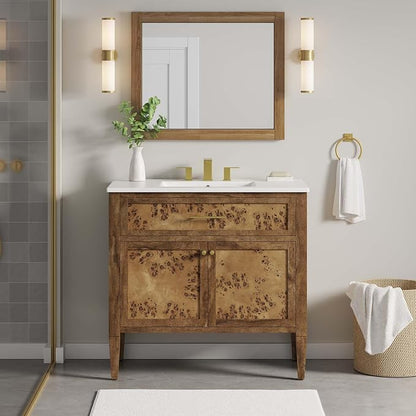 Modway Elysian 36" Burl Wood Bathroom Vanity in White Brown with Ceramic Sink Basin