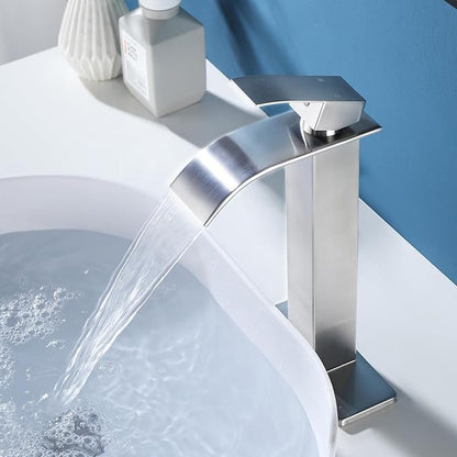 Fransiton Tall Vessel Sink Faucet Brushed Nickel Faucet for Bathroom Sink Tall Waterfall Bathroom Faucet Single Handle 1 or 3 Hole Wash with Pop-up Drain