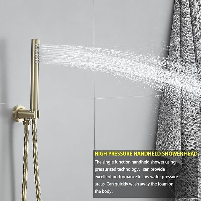 Shower Faucet Set Brushed Gold 12 Inch Round Ceiling Mount Rainfall Shower System with 2 Rain Shower Head and Handheld Head Push Button Diverter Shower Trim Kit and Rough-in Valve Body