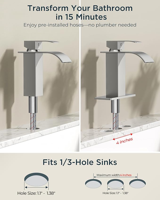 FORIOUS Bathroom Faucet 1 Hole, Waterfall Vanity Sink Faucet Brushed Nickel | Bathroom Sink Faucet 1 or 3 Hole, Square Single Handle with 24" cUPC Supply Line and Pop-up Drain, Fits RV Restroom Basin