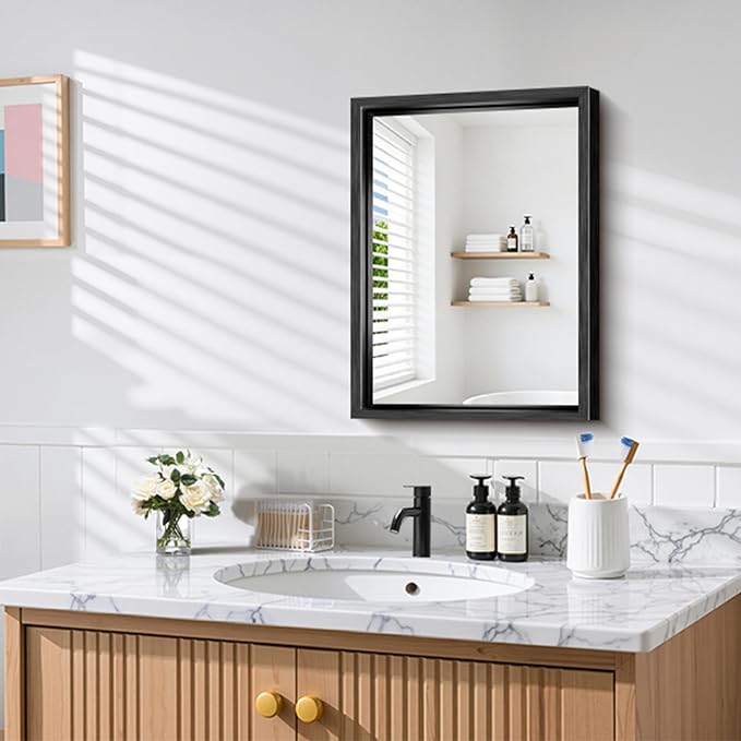 CIRCUMI 18"x24" Brushed Black Bathroom Mirror, Rectangular Vanity Mirror | Chunky Box Metal Frame, Shatterproof, Tempered Glass, Bathroom Remodel&New Home,Wall Mirror for Over Sink,Living Room,Hallway