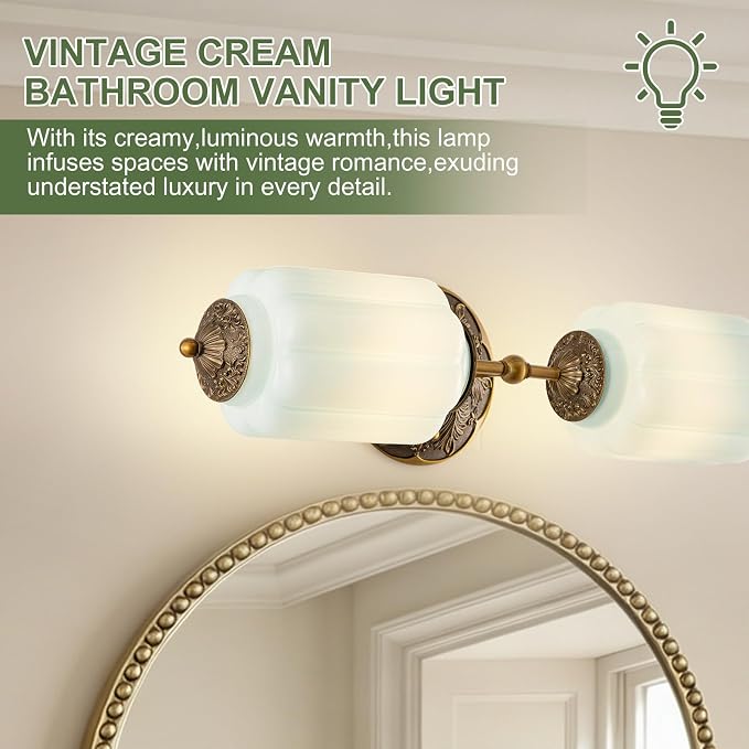 Vintage Milk Glass Bathroom Vanity Light, 2-Light Vintage Wall Sconce with Antique Brass Finish Base & Mint Blue Glass Shad, Wall Sconce Lighting for Mirror, Living Room, Gallery (Bulbs Included)