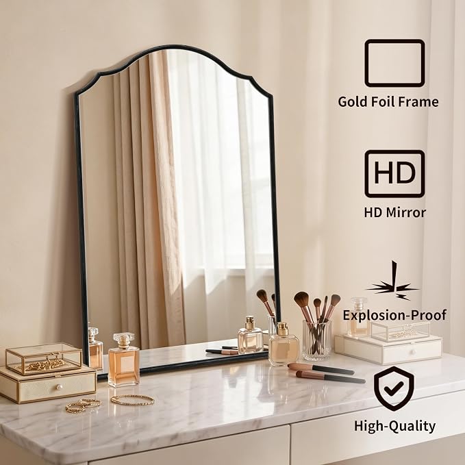 Besdomus Bathroom Mirrors for Over Sink: 24"x36" Black Wooden Arched Mirror | Classical Minimalist Scalloped Decorative Wall for Vanity/Dresser/Mantel/Bedroom/Entryway/Hallway/Fireplace/Nightstand