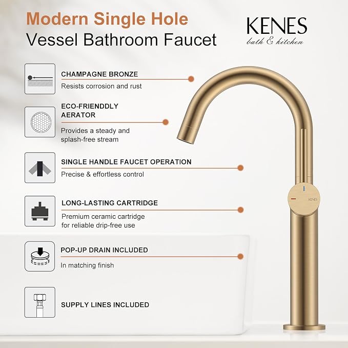 Champagne Bronze Vessel Sink Faucet, 1 Handle Tall Bathroom Faucet | Vessel Bowl Faucet with Pop Up Drain & Supply Lines, Lead-Free cUPC & NSF Certified, 1 Hole Faucet for Vanity RV Restroom