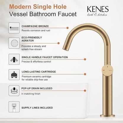 Champagne Bronze Vessel Sink Faucet, 1 Handle Tall Bathroom Faucet | Vessel Bowl Faucet with Pop Up Drain & Supply Lines, Lead-Free cUPC & NSF Certified, 1 Hole Faucet for Vanity RV Restroom