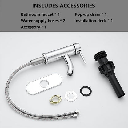 Chrome Bathroom Faucets Single Hole Bathroom Sink Faucet | Modern Single Handle Bathroom Faucte 1 or 3 Hole, RV Sink Vanity Faucet (with Drain, Chrome)