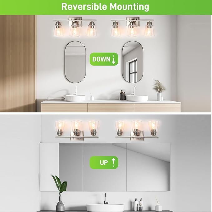 hykolity 3-Light Vanity Light Fixture, 5-Piece All-in-One Bathroom Set with Towel Bar, Ring, Robe Hook & Toilet Paper Holder for Bathroom Mirror Lighting, Brushed Nickel Wall Light with Glass Shade