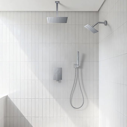 Rain Shower System 12" & 6" Dual Shower Heads Ceiling Shower Faucet Set | Ideal for bathroom remodels and upgrades with 12" rain shower, 6" angled shower, handheld spray and complete valve kit.