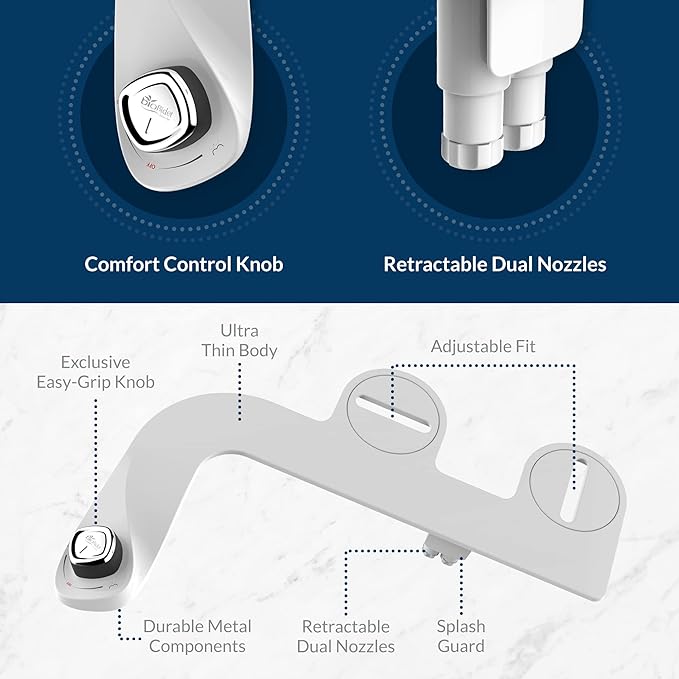 Bio Bidet Cassel Bidet Bundle, Slow-Close Never Loosen Toilet Seat with Perfect Fit, Fresh Water Spray, Non-Electric, Easy to Install Bidet, ROUND, White