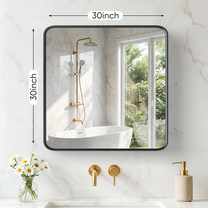 Sweetcrispy Bathroom Mirror 30x30 Inch, Vanity Mirror for Wall | Metal Framed Rounded Rectangle, Over Sink, Farmhouse, Restroom, Anti-Rust, Horizontal or Vertical Hanging, Black