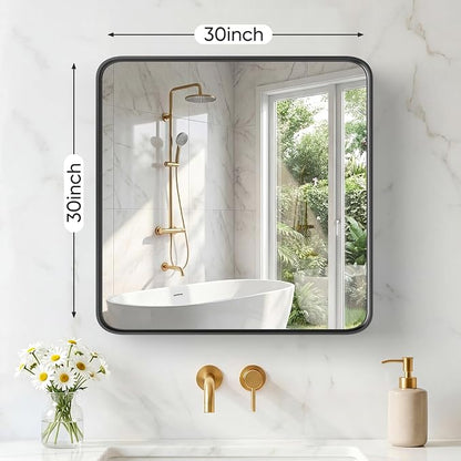 Sweetcrispy Bathroom Mirror 30x30 Inch, Vanity Mirror for Wall | Metal Framed Rounded Rectangle, Over Sink, Farmhouse, Restroom, Anti-Rust, Horizontal or Vertical Hanging, Black