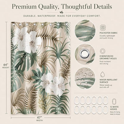Tropical Shower Curtain for Bathroom, Green Palm Tree Flower Plant Boho Leaf Banana Monstera Sage Beige Shower Curtains Set, Fabric Bathroom Accessories with Hooks 47x64 Inch
