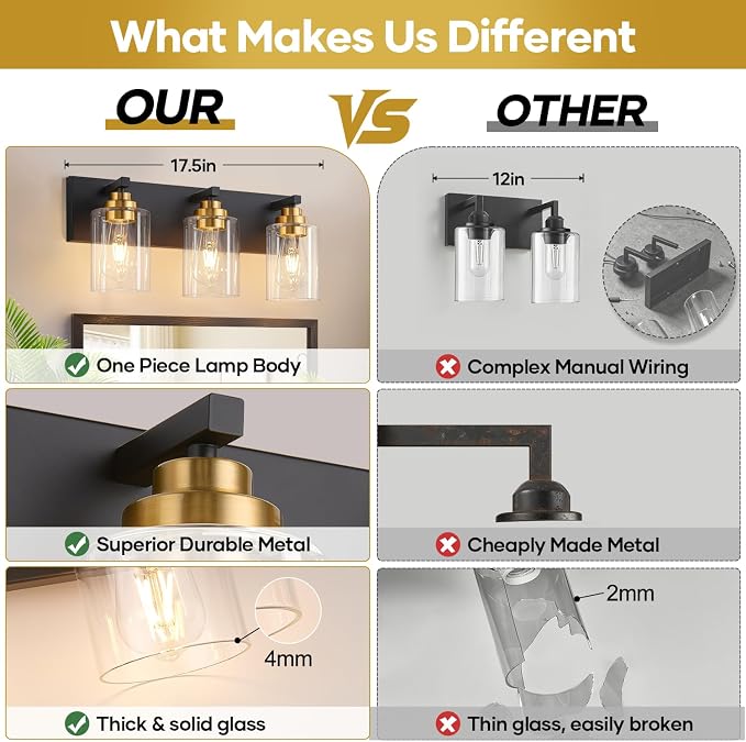 Vanity Lights for Bathroom, 3-Light Black and Gold Bathroom Vanity Light Over Mirror with Clear Glass Shades, Modern Bathroom Light Fixtures for Living Room Hallway Cabinet (Bulbs Not Included)