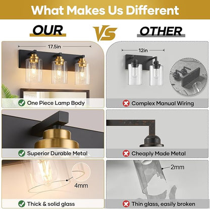 Vanity Lights for Bathroom, 3-Light Black and Gold Bathroom Vanity Light Over Mirror with Clear Glass Shades, Modern Bathroom Light Fixtures for Living Room Hallway Cabinet (Bulbs Not Included)
