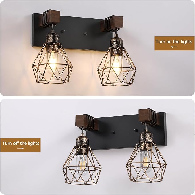 VbiTmn Black Gold Bathroom Light Fixtures, 2-Light Farmhouse Vanity Light | Metal Diamond Shade, Rustic Wall Mount Over Mirror for Bedroom & Hallway, Easy to Install, Sturdy Build for Bathroom Use